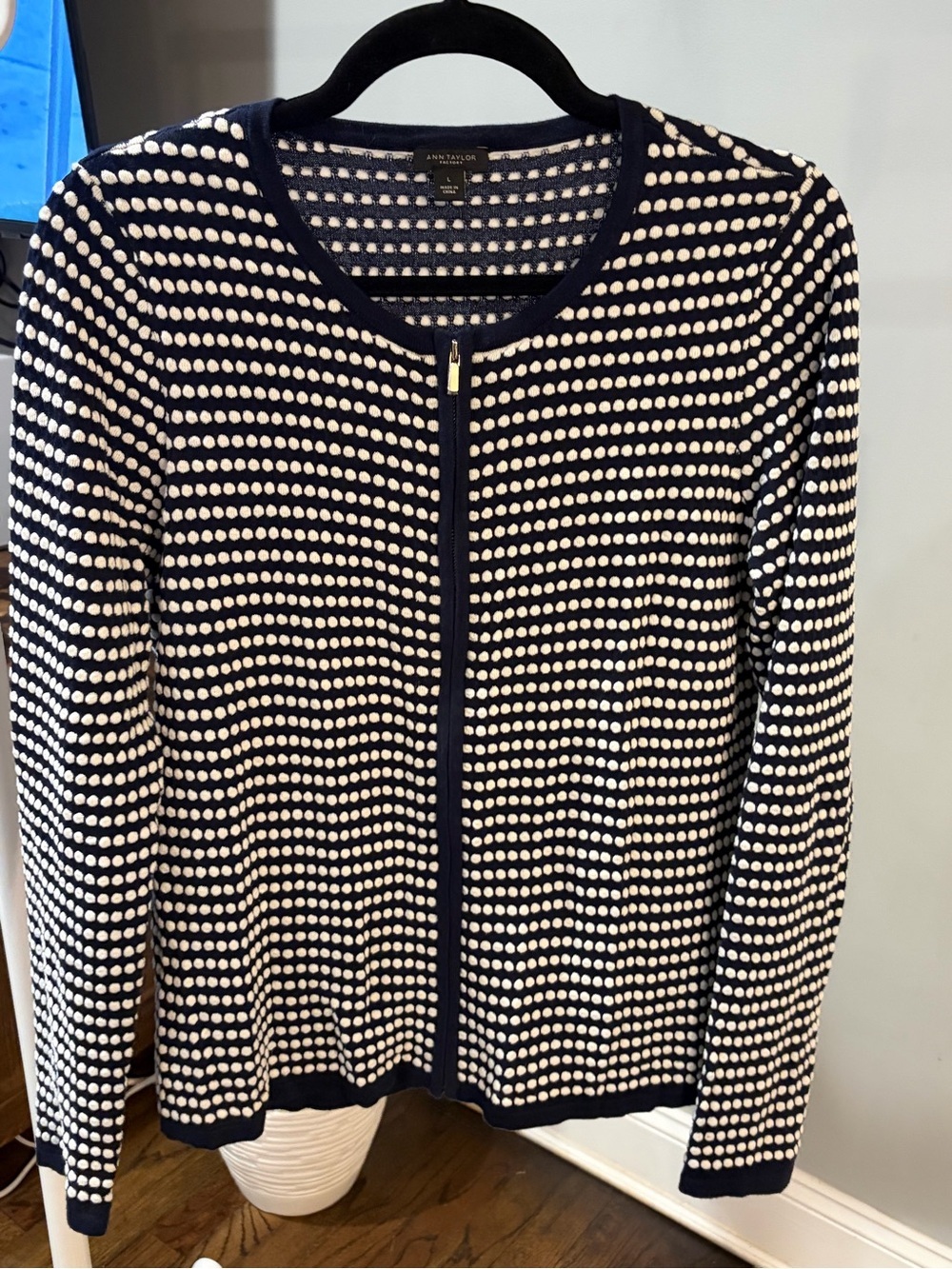 Ann Taylor Navy and White Dot Zip-Front Cardigan or blazer or jacket size large